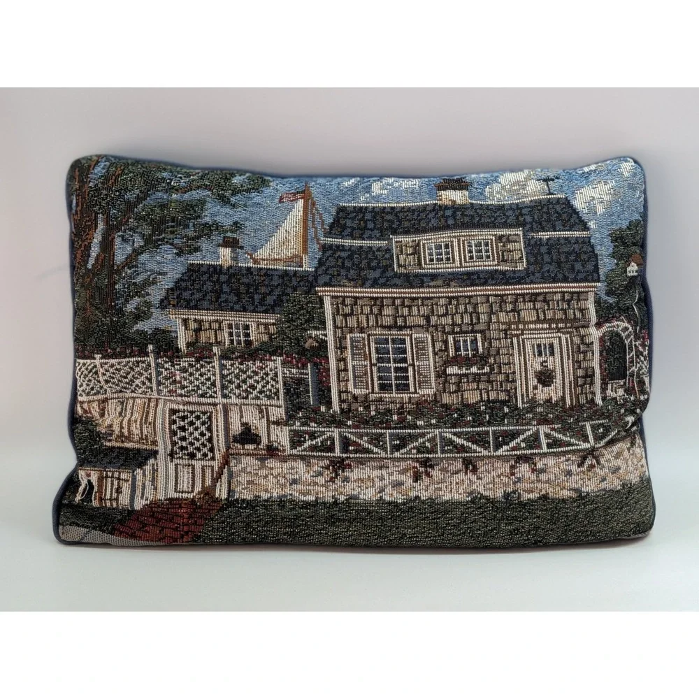 Vintage Coastal Cottage Woven Tapestry Throw Pillow Nautical Sailboat Navy 16x11